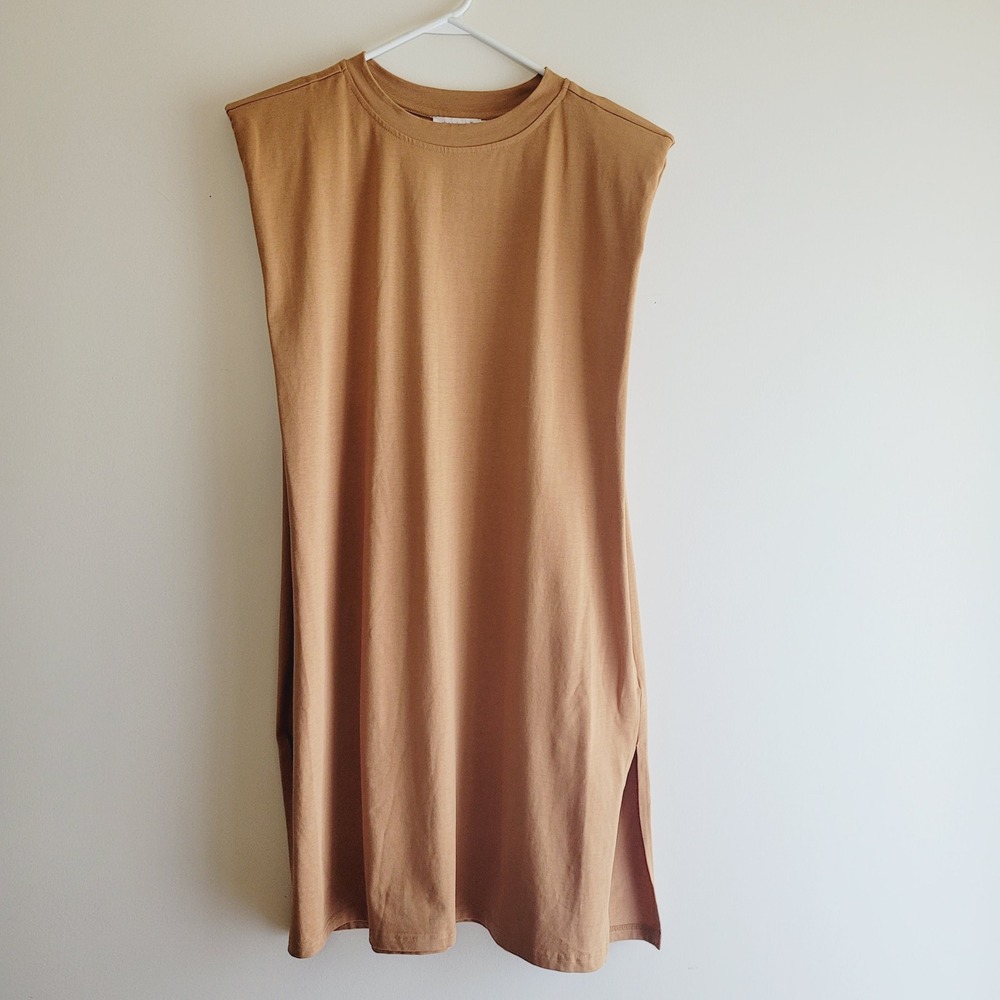 Minimalist Chic Tan Muscle Tank Dress by ShoeDazzle - Size XL - Padded Shoulders